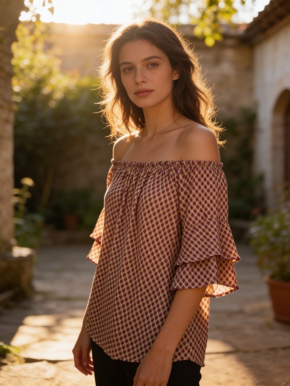 Women’s Off Shoulder Peasant Blouse Tiered Bell Sleeves Geometric Print NWOT 10